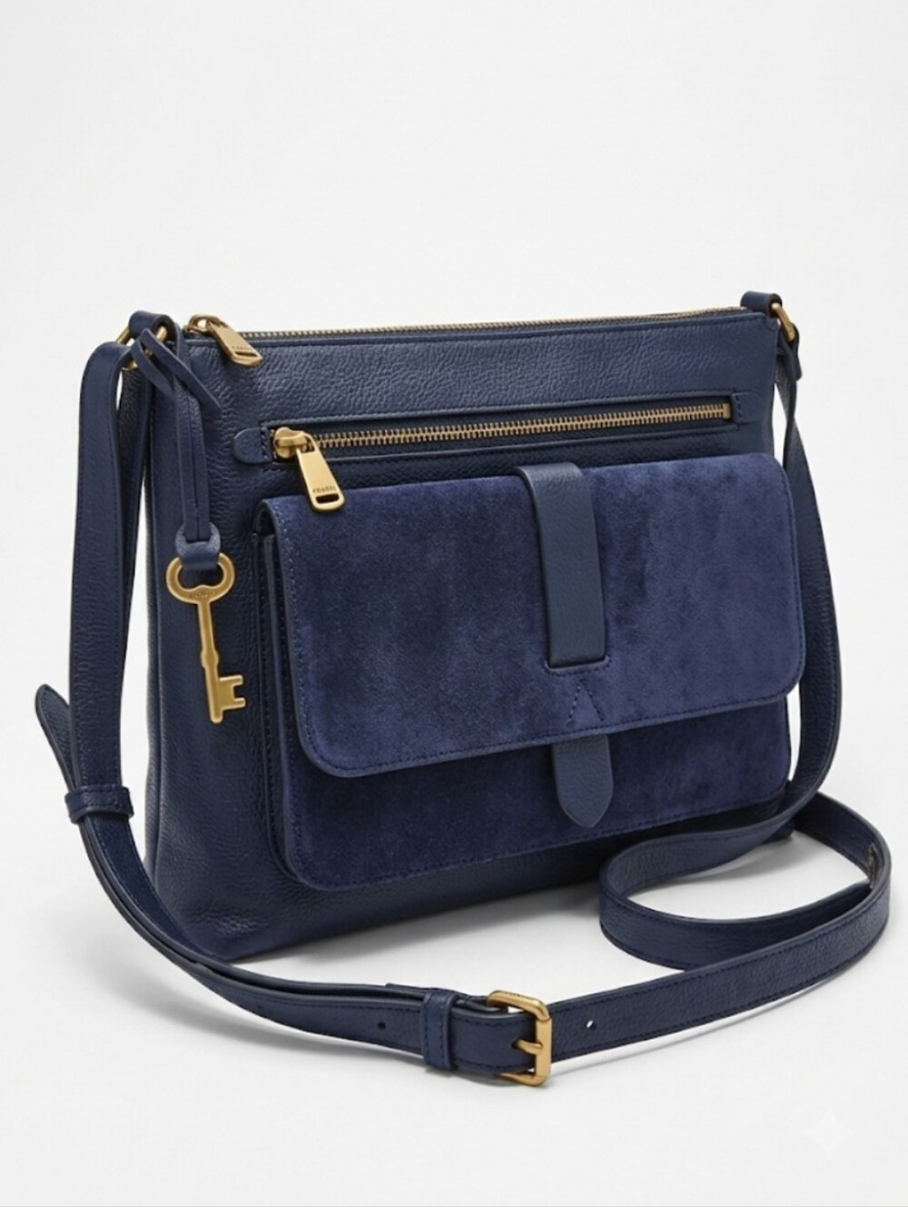 Fossil Kinley Large Navy Blue Pebbled Leather & Suede Crossbody Bag